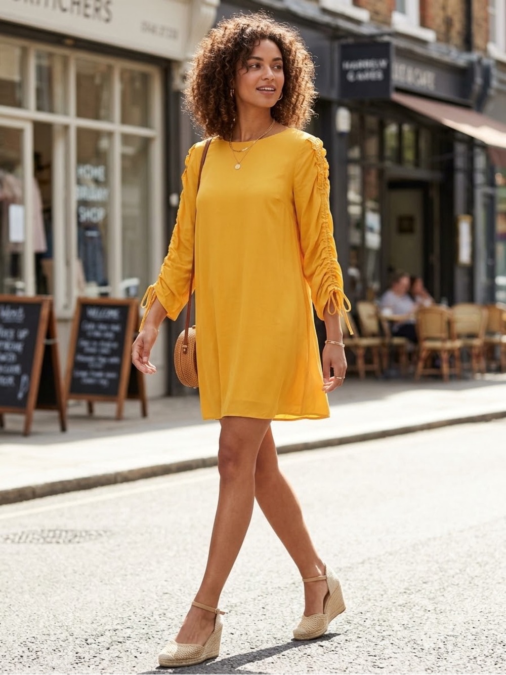 NWT ZARA Women's Yellow Shift Dress with Ruched Sleeves